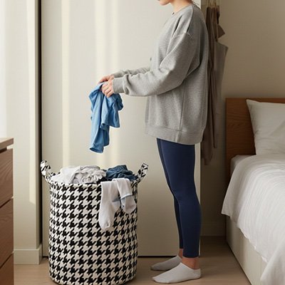 Panier linge pliable noir et blanc pied-de-poule, panier de rangement moderne en tissu avec poignée