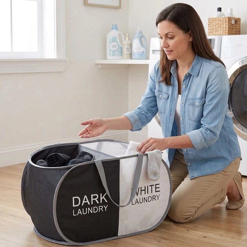 Panier linge pliable noir et blanc portable adapté pour un tri rapide