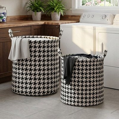 Panier linge pliable pied-de-poule, panier de rangement moderne en tissu avec poignée noir et blanc