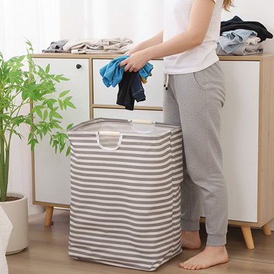 Panier linge pliable tissu imperméable fines rayures verticales 