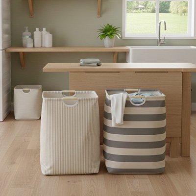 Panier linge pliable tissu imperméable forme pavé haut rayure marron clair et blanc ou beige verticale 