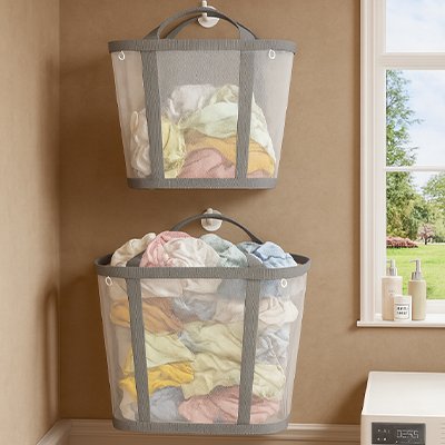 Panier linge sale gris et filet transparent moderne, grandes poignées larges 