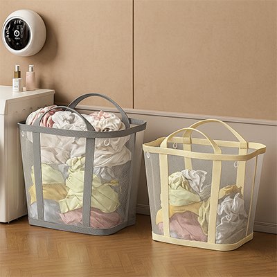 Panier linge sale gris ou beige avec filet transparent, poignées larges, très léger