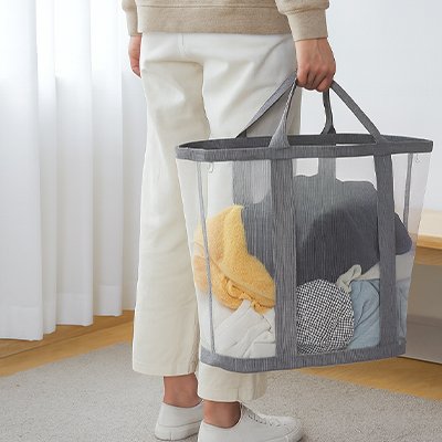 Panier linge sale moderne coutour gris et filet transparent très léger
