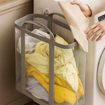 Panier linge sale, transparent et gris, moderne, grandes poignées larges, 
