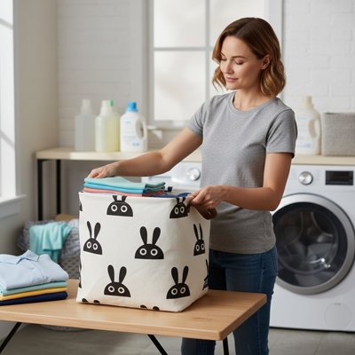 Panier linge solide en tissu, motif lapin avec poignées latérales