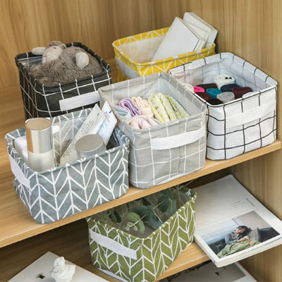 panier pour ranger pliable en lin à motifs cadrillage et traits