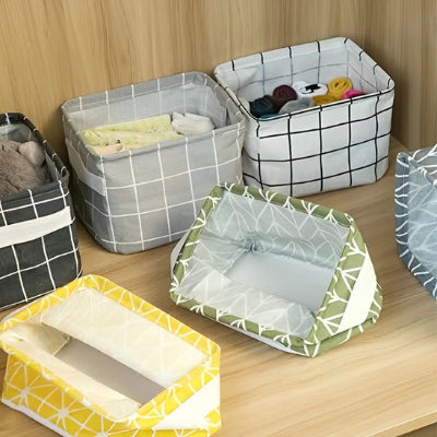 panier pour ranger salle de bain cadrillés noir gris blanc kaki jaune