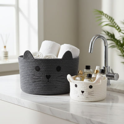 panier pour salle de bain en coton tissé gris avec poignée