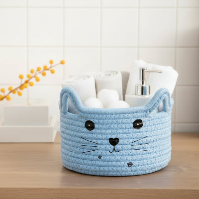 panier pour salle de bain bleu coton tissé chat