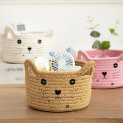 panier pour salle de bain marron en coton tissé chat