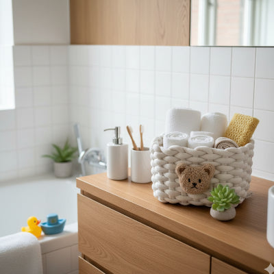 Panier rangement, beige, petit format en coton tissé, avec petit ours en motif