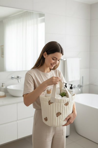 Panier rangement blanc motif tete d'ours brun, avec anses , très profond en tissu