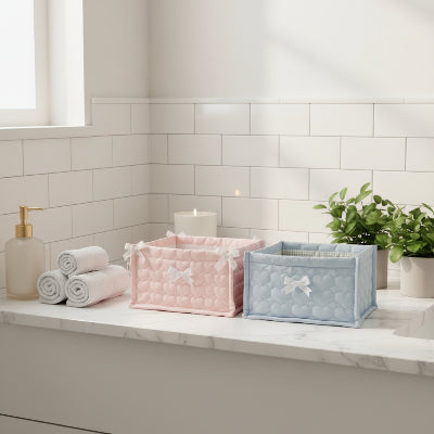 Panier rangement, bleu ou rose, carré en dentelle fleur, en coton