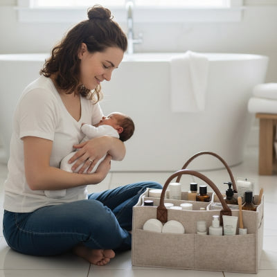 Panier rangement doux en feutre avec compartiments, poche latérale, grandes anses, beige