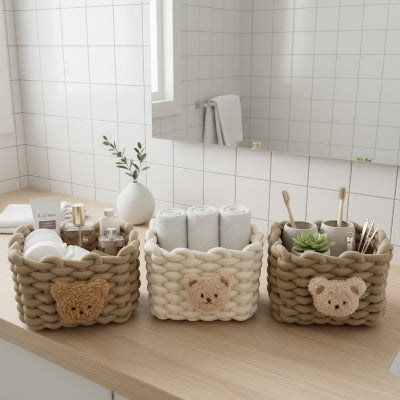 Panier rangement , en coton tissé, 3 choix de couleurs marron, beige, marron foncé, petit ours