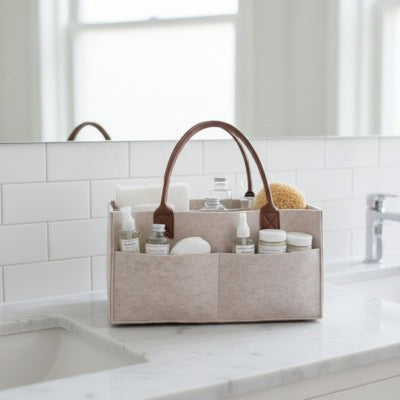 Panier rangement en feutre avec compartiments, poche latérale, avec grandes anses, beige