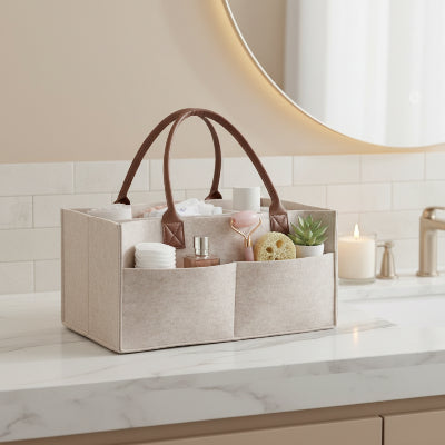 Panier rangement en feutre avec compartiments, poche latérale, grande anses, beige