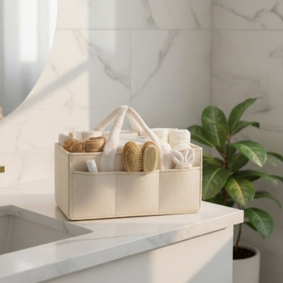 Panier rangement en feutre beige , tout doux et polyvalent , plusieurs compartiments
