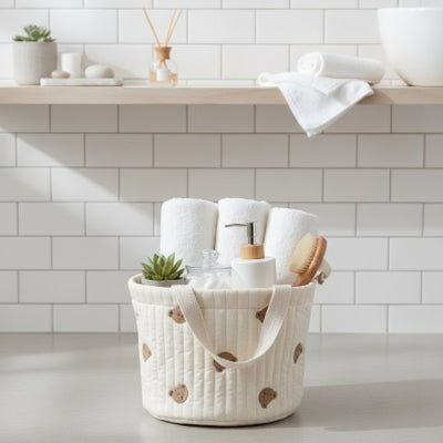 Panier rangement, en tissu matelassé, léger, blanc motif tete ours brun