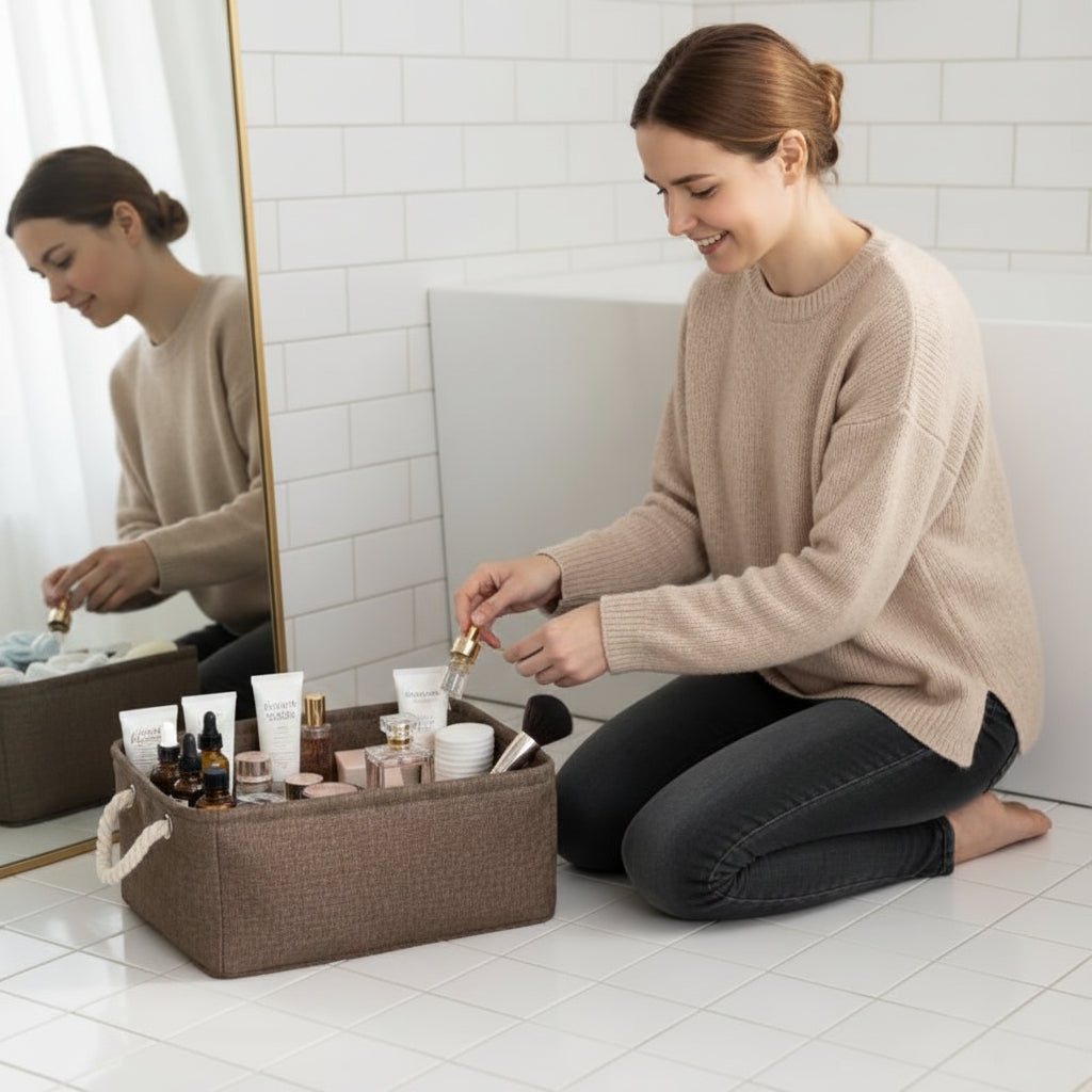 Panier rangement marron, pliables en tissu de lin, organisateur , imperméable