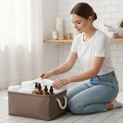 Panier rangement marron , pliables en tissu de lin, organisateur