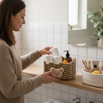 Panier rangement, petit ours, en coton tissé, marron, petit format 