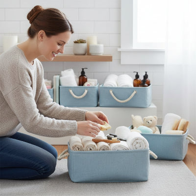 Panier rangement pliables en tissu de lin, organisateur, bleu 