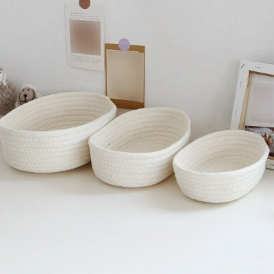 panier salle de bain coton tressé blanc ovale trois tailles