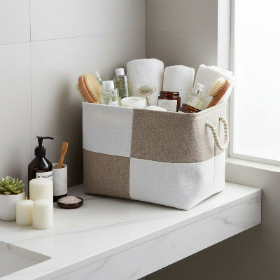 Paniers de rangement avec poignée en coton bicolore en damier pliable 
