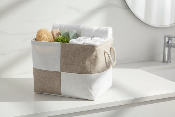 Paniers de rangement beige et blanc en damier pliable avec poignée en coton
