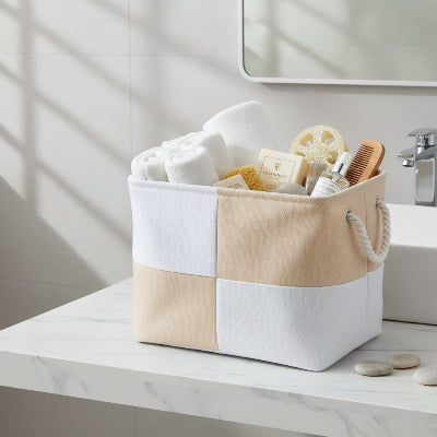 Paniers de rangement bicolore en damier beige pliable 