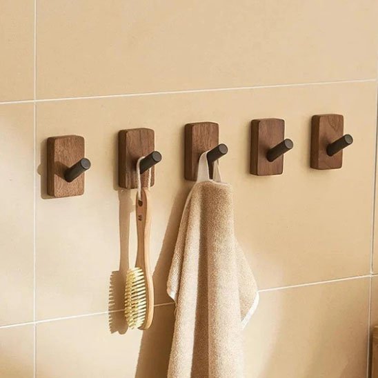 patere Auto-adhésif carré nouveau Simple crochet en bois massif noyer suspendu