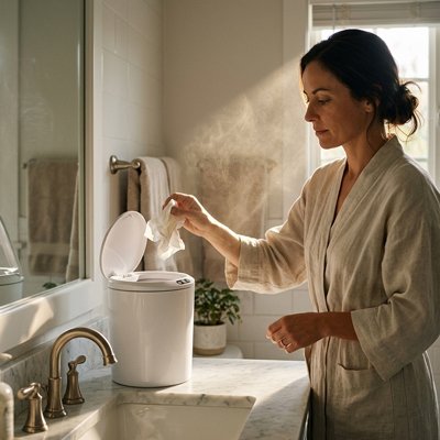 petit poubelle salle de bain blanche à capteur 