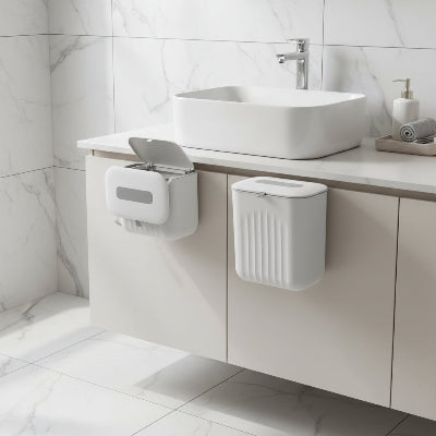 Petit poubelle salle de bain suspendue élégante aux angles arrondis 