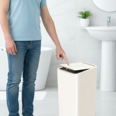 Petite poubelle salle de bain élégante blanche rectangulaire avec couvercle supérieur à pression pour toilettes