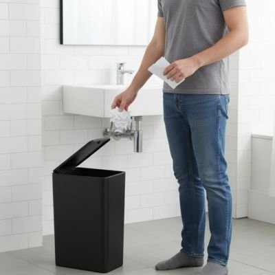 Petite poubelle salle de bain noire avec couvercle supérieur à pression pour toilettes