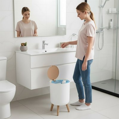 petite Poubelle salle de bain, ronde, blanche avec couvercle marron à pression, 3 pieds hauts