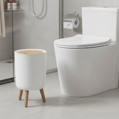 petite Poubelle salle de bain, ronde, blanche avec couvercle marron à pression
