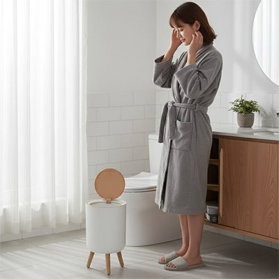 petite Poubelle salle de bain sur 3 pieds hauts, ronde, blanche avec couvercle marron à pression