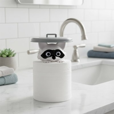 Porte papier toilette avec couvercle petit raton laveur gris 