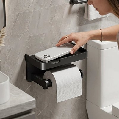 Porte papier toilette avec étagère, simple rouleau, noir, mural auto-adhésif, rectangle