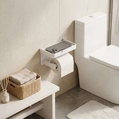 Porte papier toilette avec étagère, simple rouleau, blanc, mural auto-adhésif, rectangle