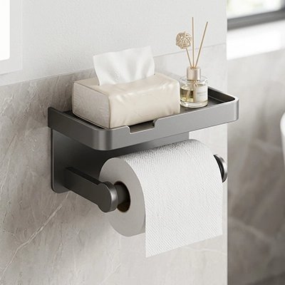 Porte papier toilette avec étagère, simple rouleau, gris, mural auto-adhésif, rectangle