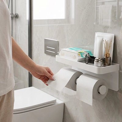 Porte papier toilette, blanc, avec étagère, mural auto-adhésif, rectangle à double rouleau