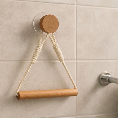Porte papier toilette bois avec cordage, triangulaire, mural sans clous