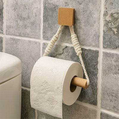 Porte papier toilette bois triangulaire avec cordage, mural sans clous