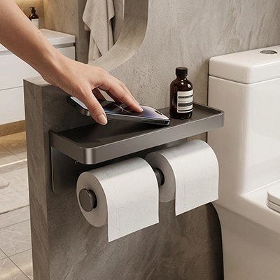 Porte papier toilette gris, avec étagère, mural auto-adhésif, rectangle à double rouleau