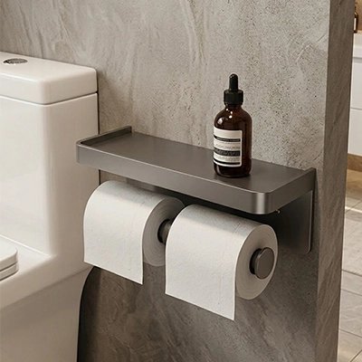 Porte papier toilette, gris , avec étagère, mural auto-adhésif, rectangle à double rouleau