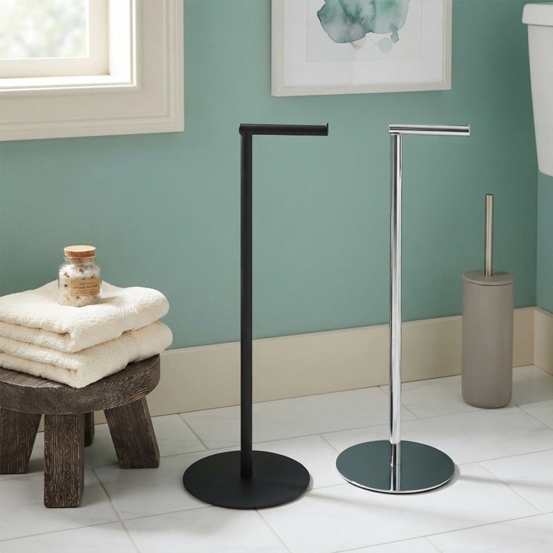 Porte papier toilette gris et noir, socle à poser, dérouleur et stockage 